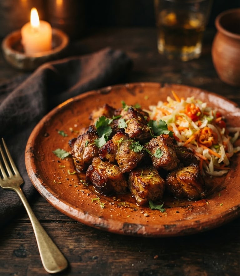 Moody close-up of slow-simmered Haitian griot, artfully plated on textured terracotta tableware with pikliz, warm candlelight, deep shadows.