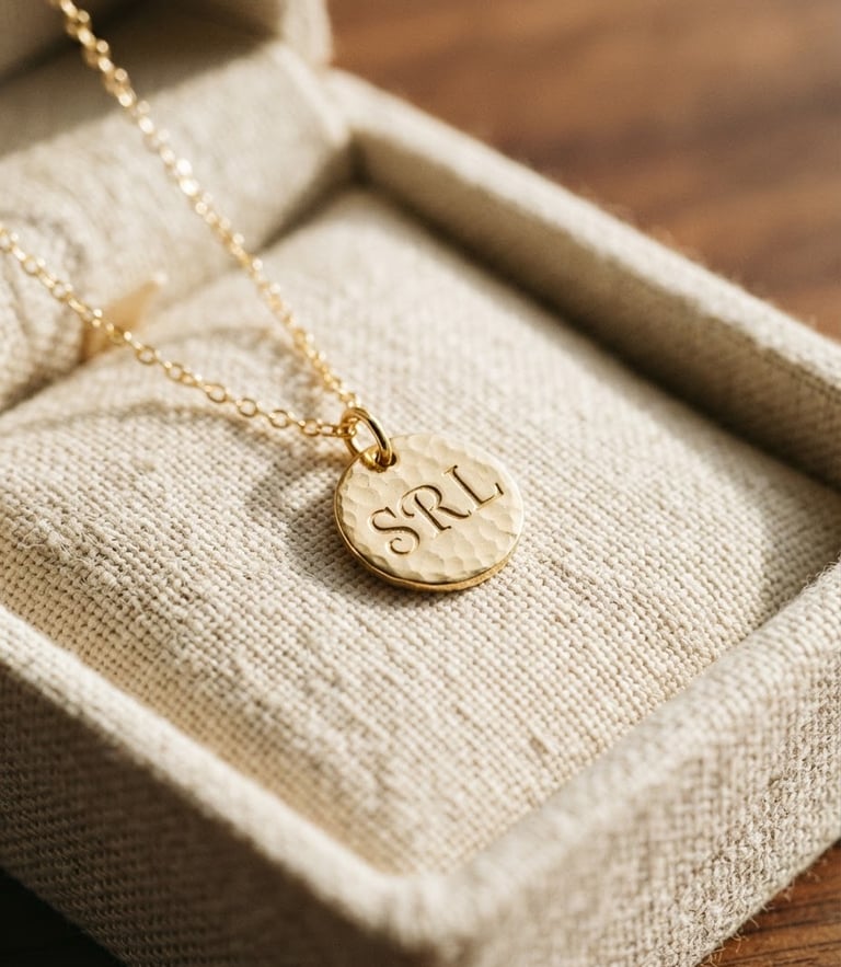 Macro close-up of a delicate gold necklace with a custom engraved initials pendant, resting in a soft linen box under gentle morning sunlight, warm editorial style.
