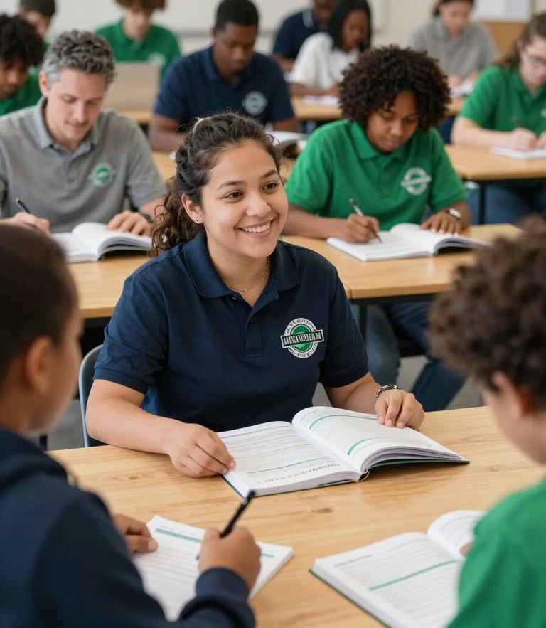 Warm editorial photography of a community workshop in Michigan, natural daylight, diverse families sitting around a wooden table with financial workbooks, rich navy and emerald tones, optimistic mood, shallow depth of field, 35mm.