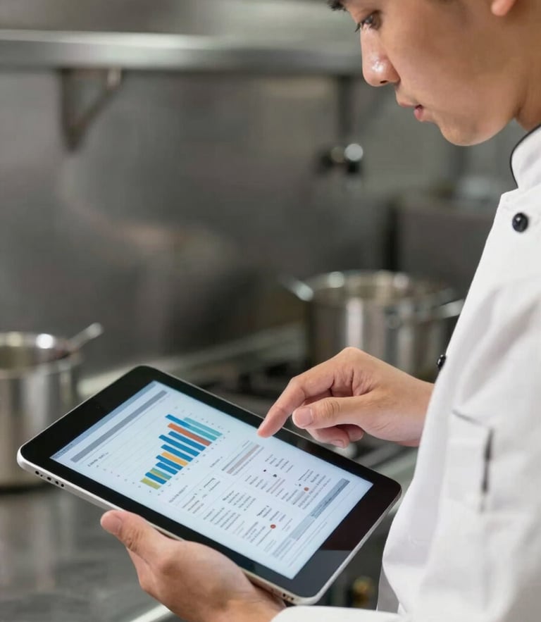 Close-up of a chef in a white uniform analyzing financial reports on a tablet screen, stainless steel kitchen background, crisp natural daylight.