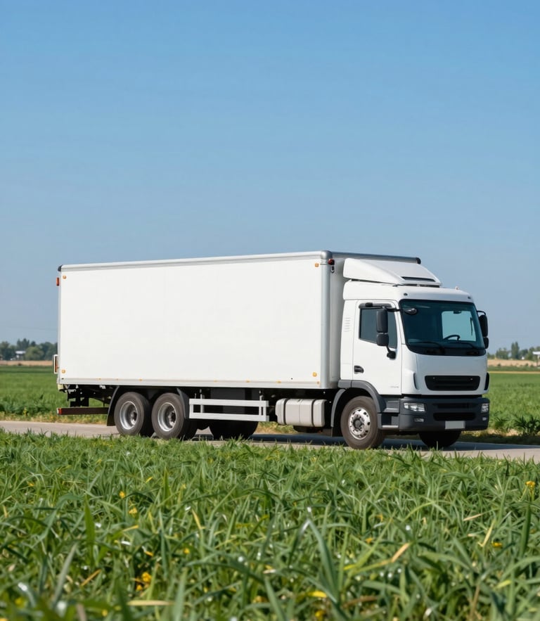 Bright commercial shot of a modern clean white refrigerated freight truck driving past vibrant green agricultural fields under a clear blue sky, sharp depth of field.