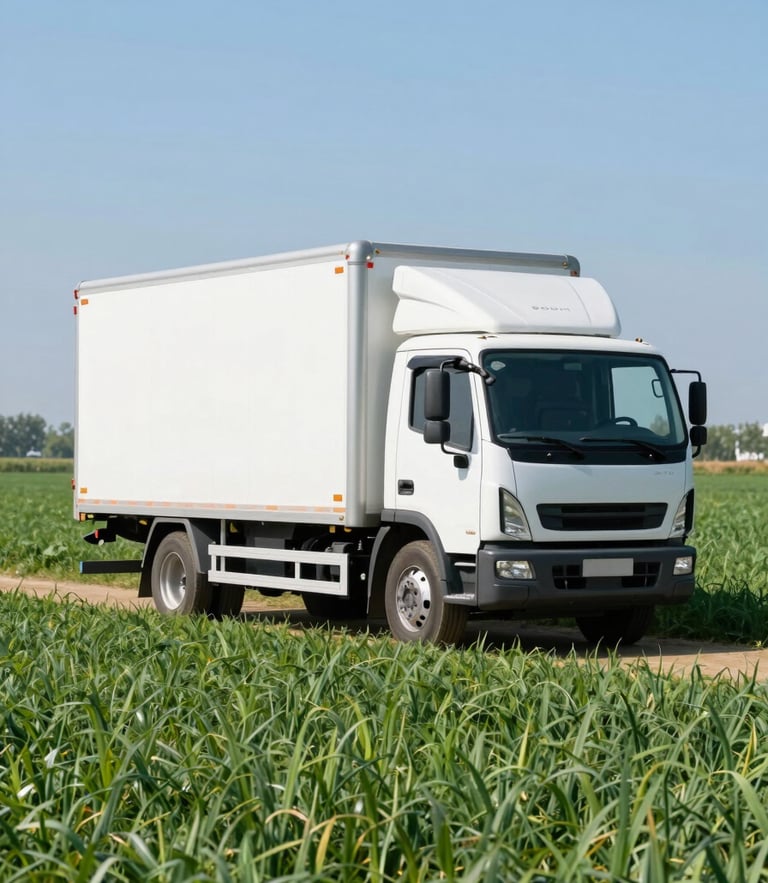 Bright commercial photography of a modern refrigerated transport truck parked beside a vibrant green agricultural field under crisp natural daylight.