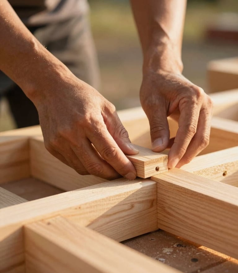 A close-up of hands working together on a wooden community build, warm golden-hour light, shallow depth of field, 35mm