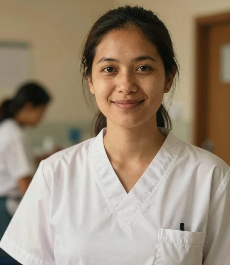 A warm-toned environmental portrait of a community healthcare worker in a soft-lit clinic, smiling gently, 35mm photography, shallow depth of field