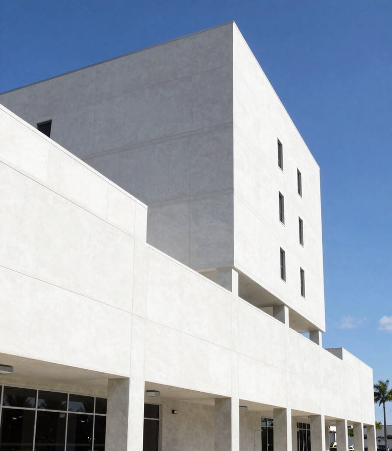 Bright architectural photography of a modern commercial concrete building under clear Florida sunlight, sharp geometric lines, sky background.