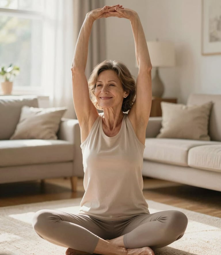 A healthy, active 50-year-old woman smiling during a morning stretch in a sunlit living room, soft natural daylight, warm sand tones, 35mm photography