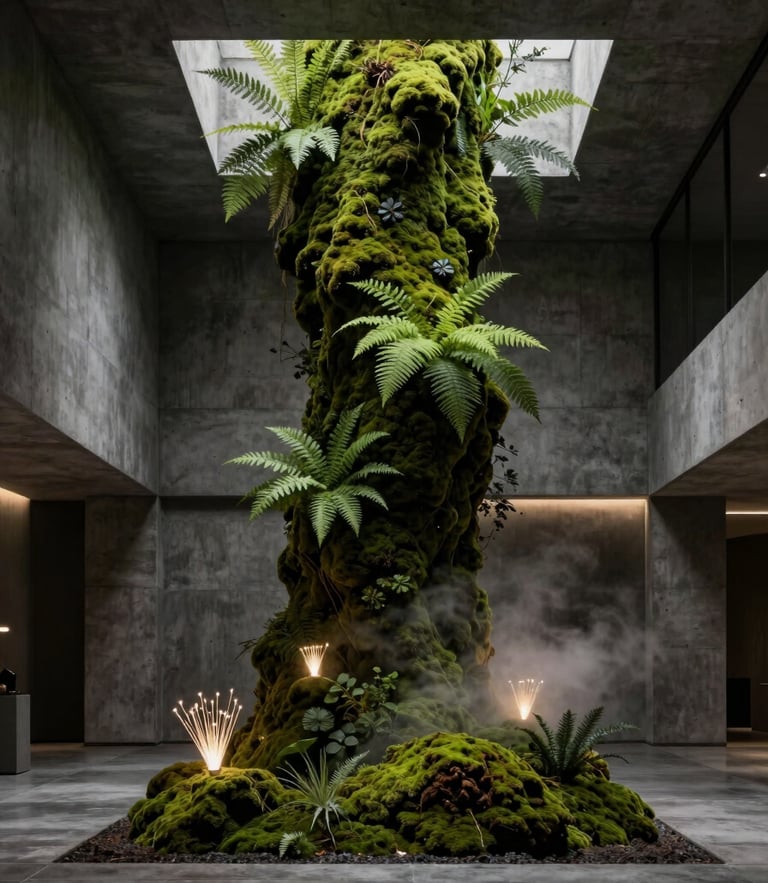 Dramatic low-key architectural photography of a minimalist concrete lobby with a massive integrated moss and fern installation, soft glowing fiber optic lights cutting through gentle mist, 35mm anamorphic lens, deep charcoal and rich moss green tones.