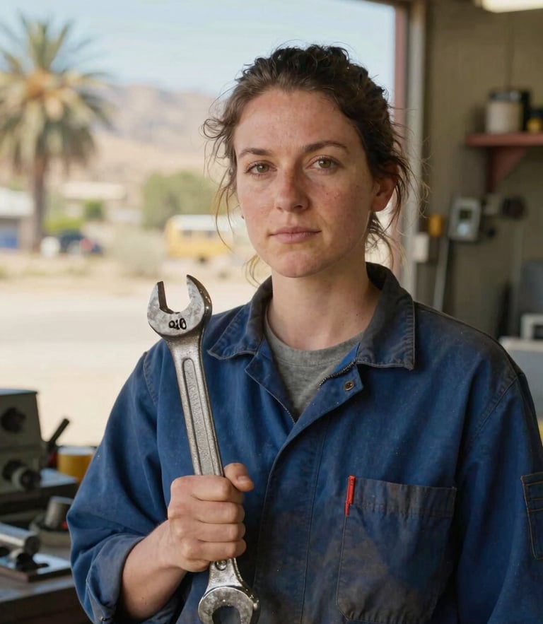 A medium portrait of a local mechanic in her Visalia workshop, looking directly at the camera, holding a wrench, bright natural California valley sunlight, warm tones, sharp focus, 35mm