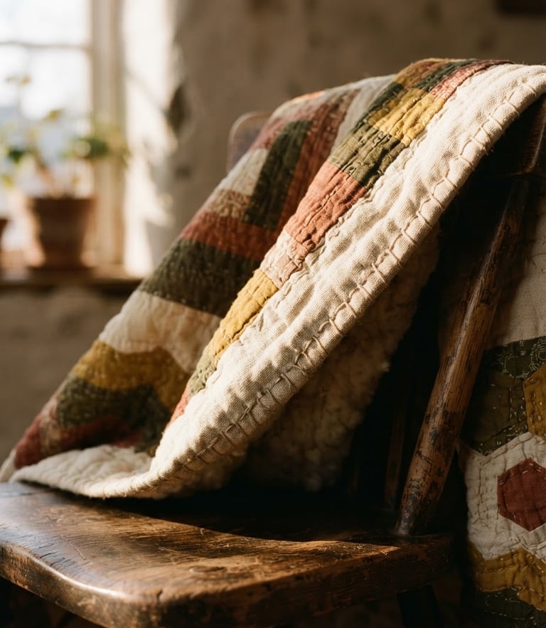 Close-up of a heavy organic cotton quilt draped over a worn wooden chair, warm afternoon window light casting soft shadows on the thick hand-stitched binding