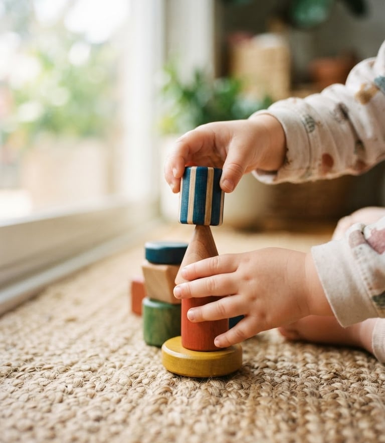 Close-up of a toddler's hands stacking smooth, warm-toned Channapatna wooden blocks on a woven jute rug, natural window light, soft focus.