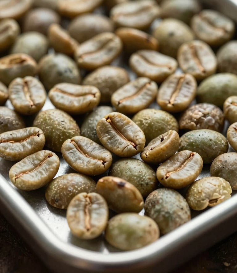 Macro close-up of unroasted green coffee beans on a metal grading tray under high-contrast natural daylight, showing uniform screen size and zero physical defects.