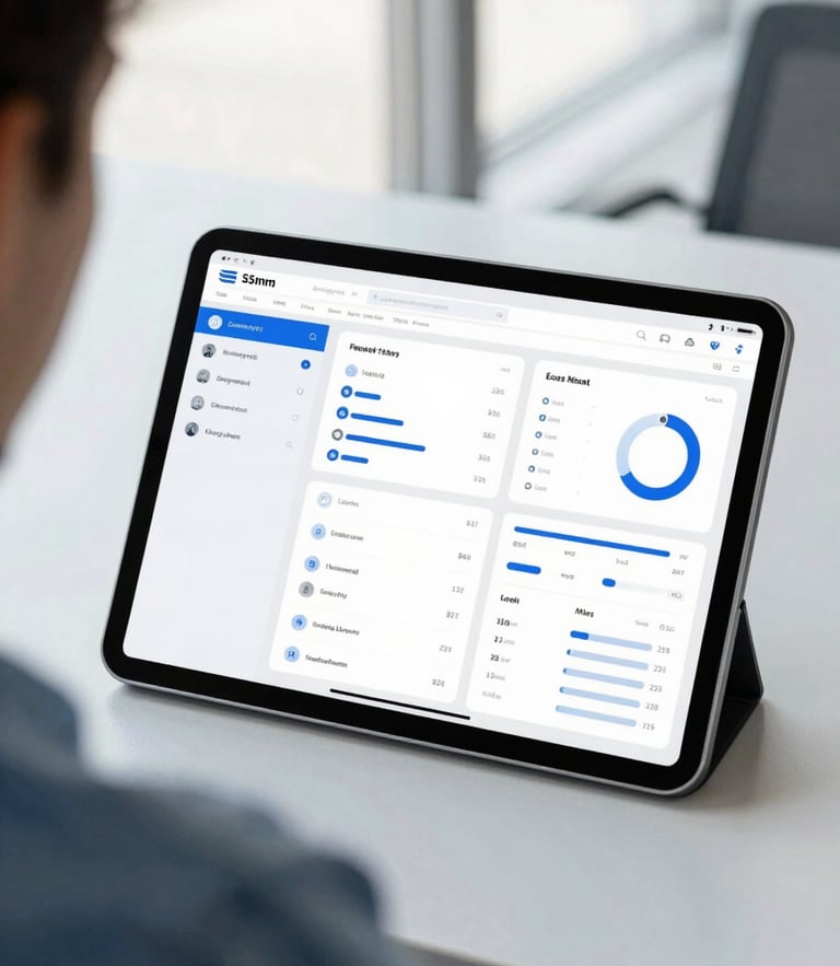 Over-the-shoulder view of a tablet displaying clean data dashboards, bright natural office light, cool blue and slate tones, sharp focus, 35mm lens