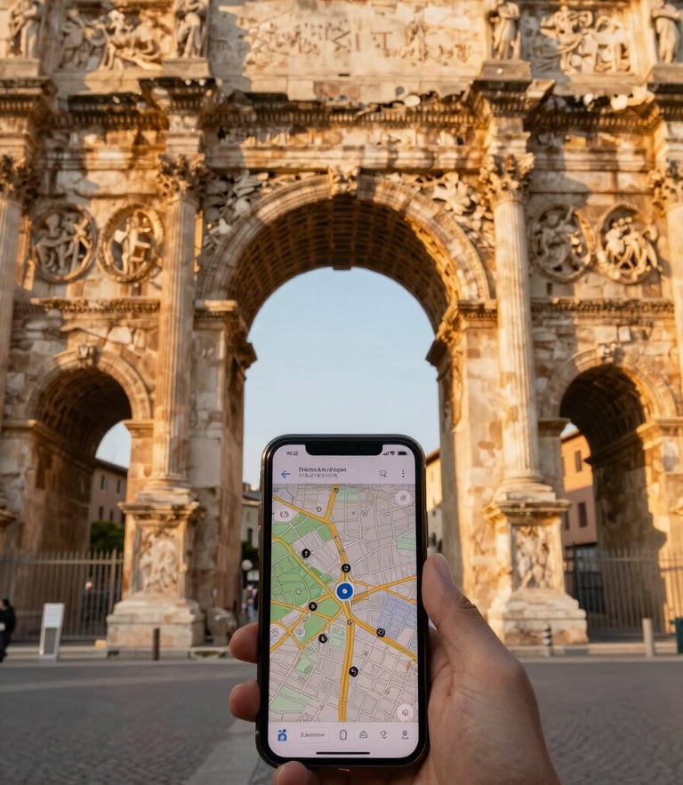 First-person perspective looking down at a smartphone displaying a map against a historic Roman stone archway, warm golden hour sunlight, 35mm lens