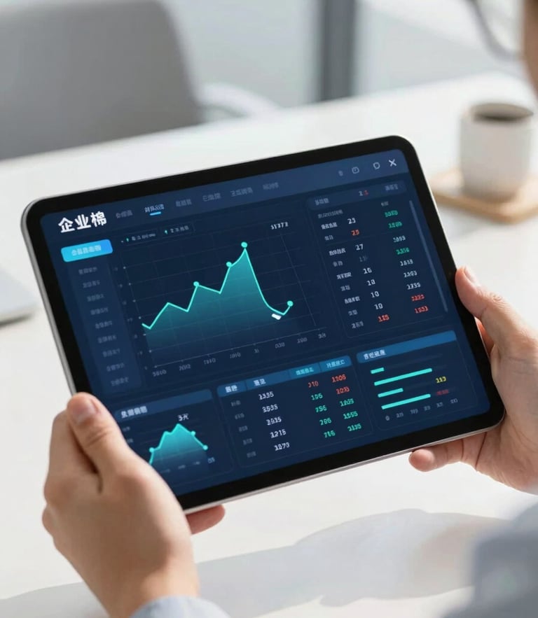 Close-up of a modern digital financial dashboard on a tablet held by a business professional in a bright, sunlit office.