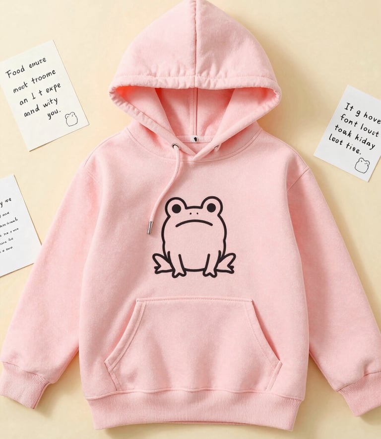A top-down flat-lay of a pastel pink hoodie with a small black ink doodle of an anxious frog, surrounded by cute handwritten cards, soft diffused daylight.
