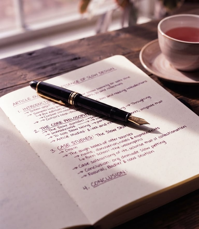 A close-up of a fountain pen resting on a heavy-stock open notebook with structured handwritten editorial outlines, soft morning window light, deep plum shadows, shallow depth of field, 35mm