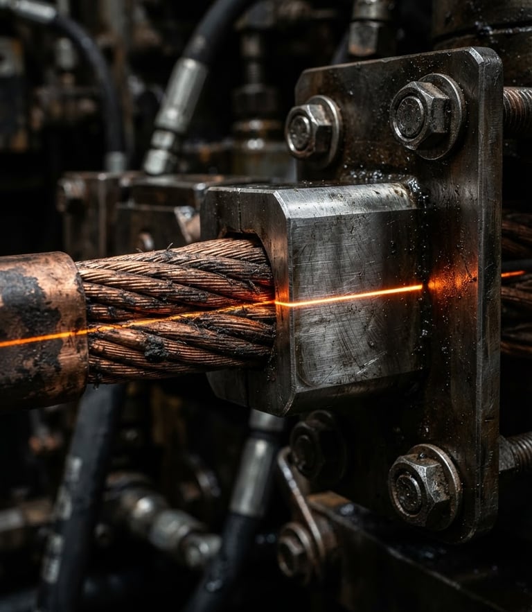 Extreme macro shot of a heavy-duty copper and brushed steel field conductor, harsh high-contrast industrial lighting, safety-orange laser line alignment, technical schematic overlay