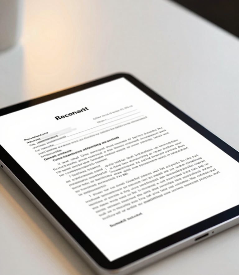 A close-up of a digital tablet displaying a signed legal document, clean corporate desk, warm gold accents, sharp focus