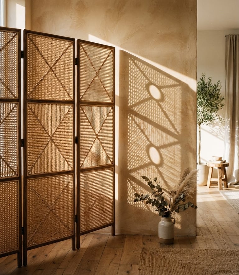 Architectural medium shot of a folding rattan screen filtering warm morning sunlight, casting soft geometric shadows on a sand-colored plaster wall, 35mm