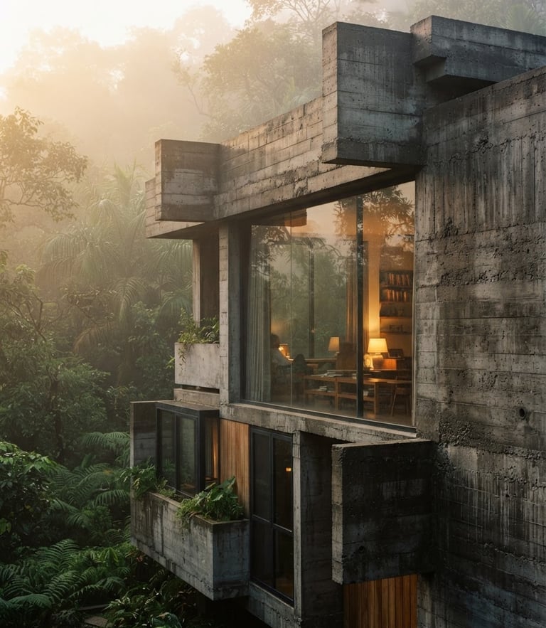 Architectural close-up of a modern brutalist concrete villa facade in Lonavala, soft morning mist, warm glowing interior lights, medium format photography