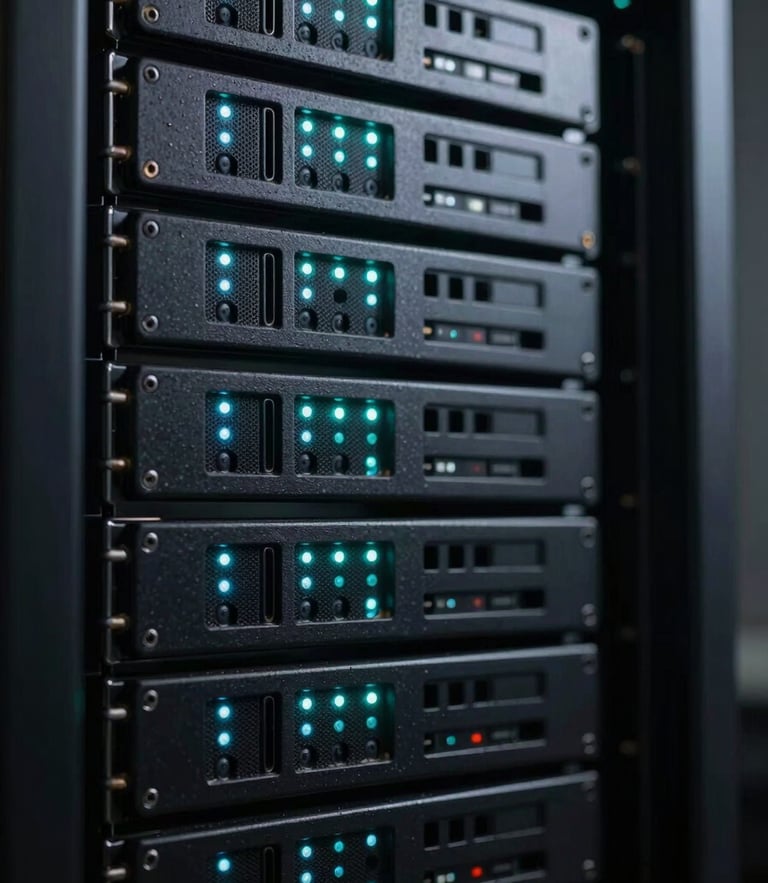 Macro close-up of high-density server racks, glowing cyan indicator lights, dark obsidian metal chassis, low-key contrast studio lighting.