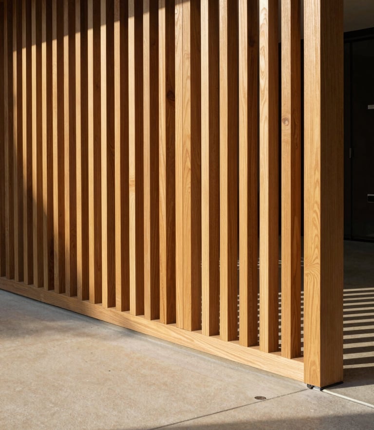 Architectural teak privacy screen casting sharp geometric shadows on a warm concrete patio, late-afternoon direct sunlight, 35mm editorial photography