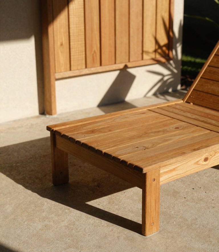 Portrait of late afternoon sunlight casting sharp geometric shadows of a privacy screen onto a warm concrete patio with a teak daybed lounge, 35mm.