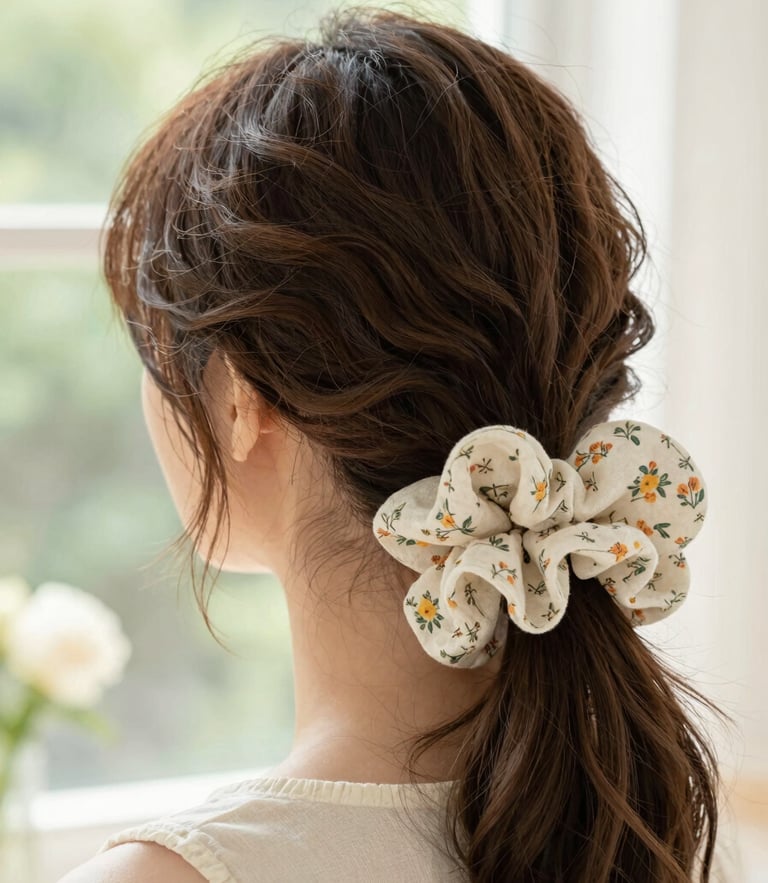 Close-up portrait of a woman wearing a soft-spun linen floral scrunchie in a half-up hairstyle, bright diffused garden sunlight, 35mm