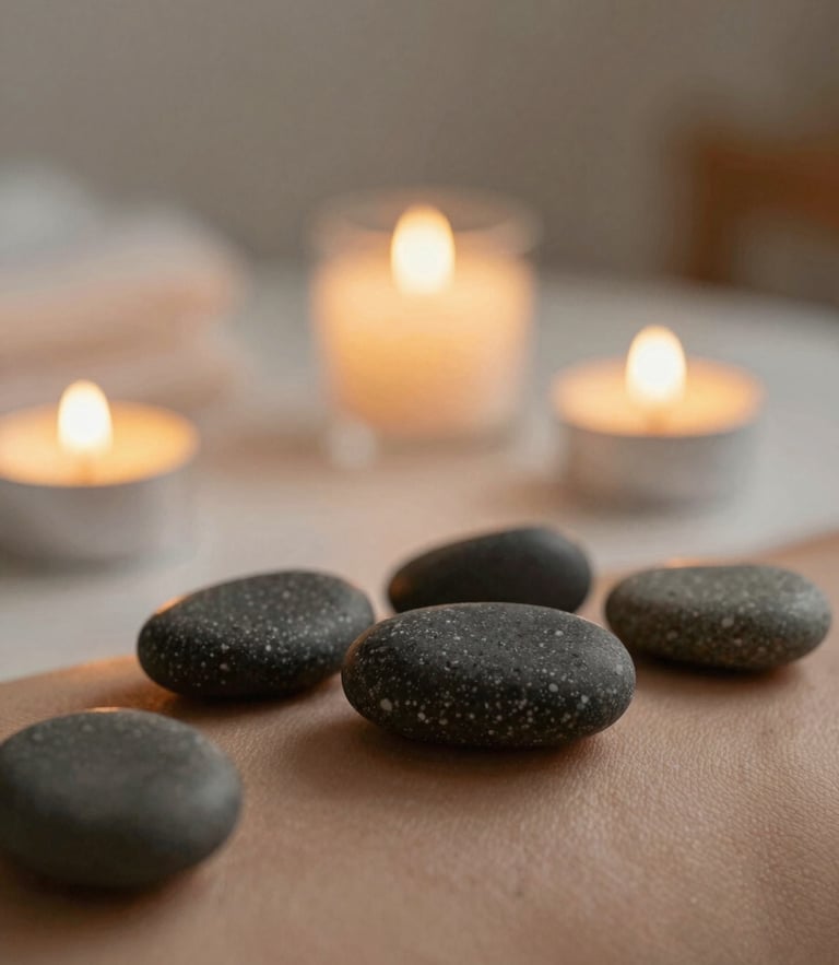 Close-up of smooth basalt stones resting on skin under warm candle glow, soft-lit minimalist treatment room, shallow depth of field