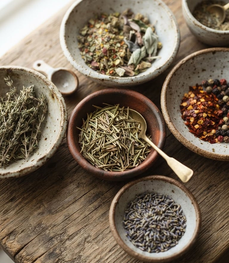 Tactile overhead shot of dried organic herbs in handmade ceramic bowls, soft morning window light, warm earthy tones, macro depth of field.