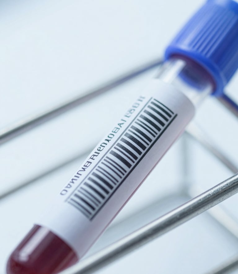 Macro close-up of a clinical blood sample vial in a metal rack, bright high-key sterile white light, cool blue undertones, sharp focus on the barcode label
