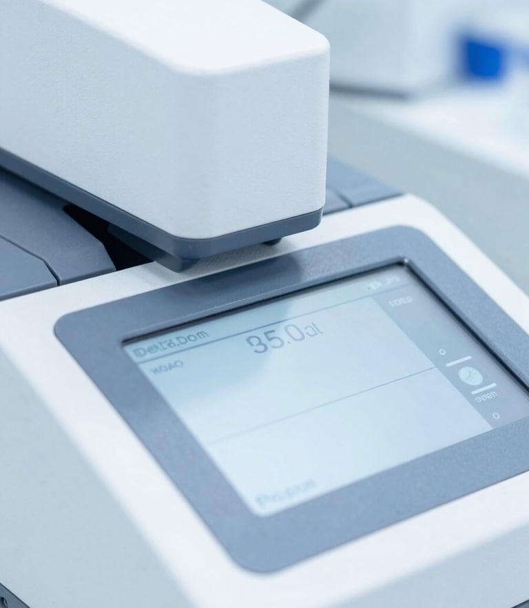 Macro close-up of a digital interface on a high-throughput automated analyzer in a pristine sterile laboratory, cool white and slate blue tones, sharp focus, 35mm
