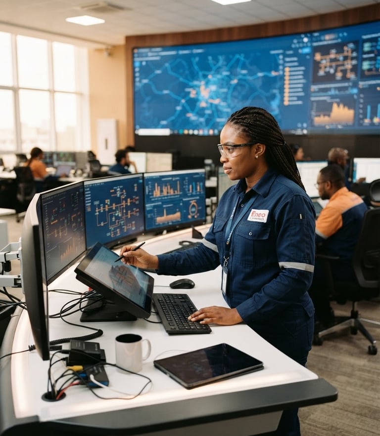 Crisp corporate photography of a professional Cameroonian engineer in a modern control room, high contrast, warm orange accents, editorial 35mm