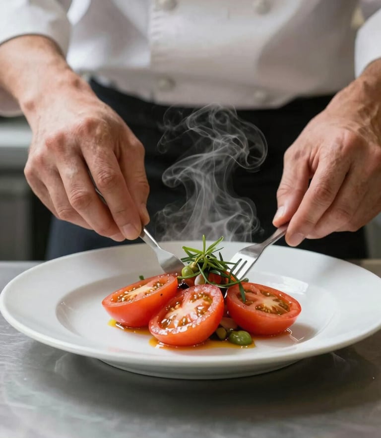 Close-up of a chef in active motion, hands plating a vibrant dish with sliced heirloom tomatoes, steam rising gently, soft diffused daylight.