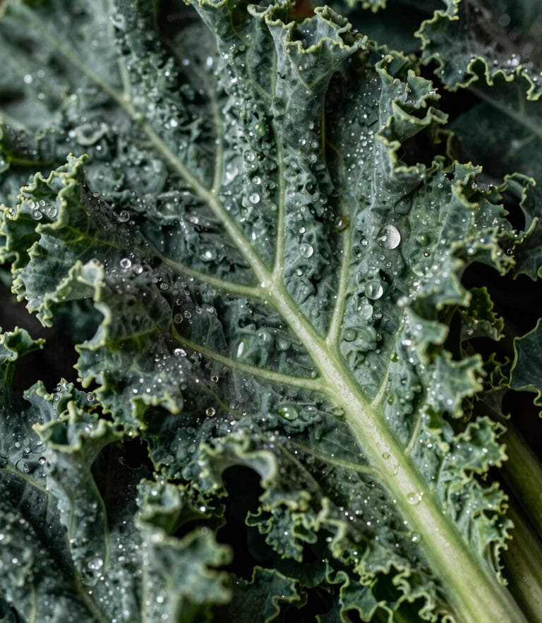 Close-up macro shot of raw, textured ingredients, dew on fresh organic kale, soft north-facing daylight, moody shadows.