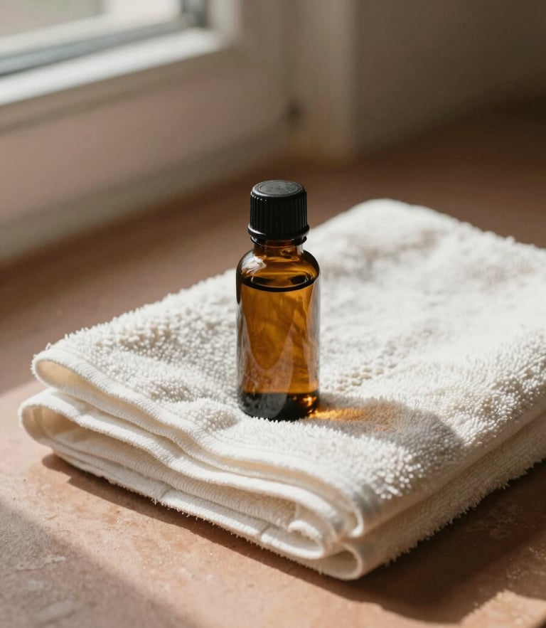 A serene close-up of folded organic cotton towels beside a small amber bottle of botanical oil, warm afternoon window light casting soft shadows on a terracotta surface.