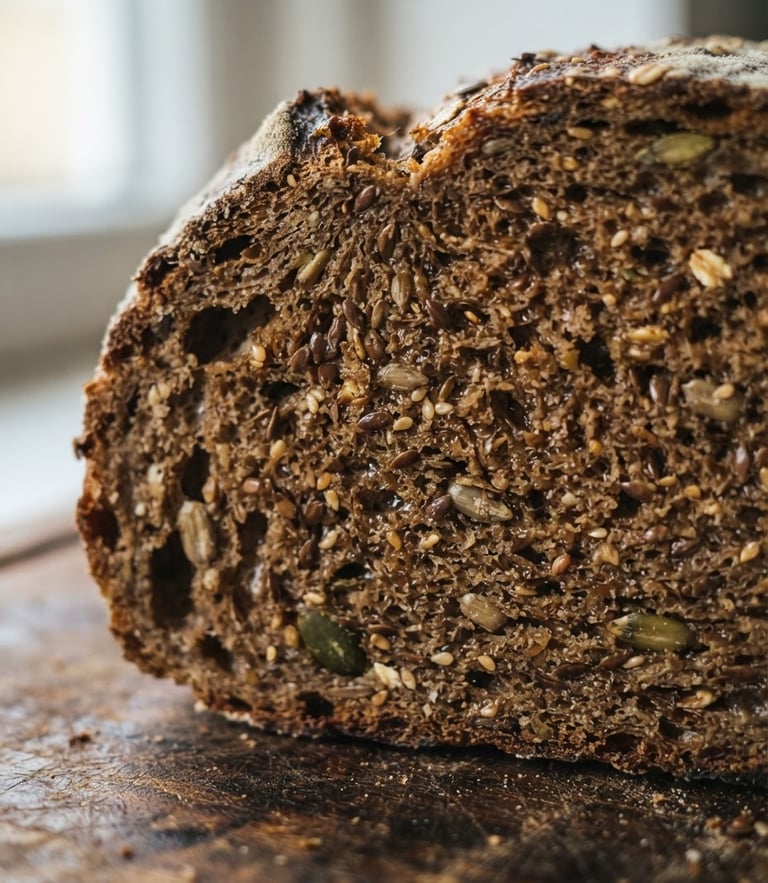 Macro shot of a freshly sliced rustic dark loaf, showing dense crumb texture and raw seeds, soft natural window light, warm earthy tones, 35mm