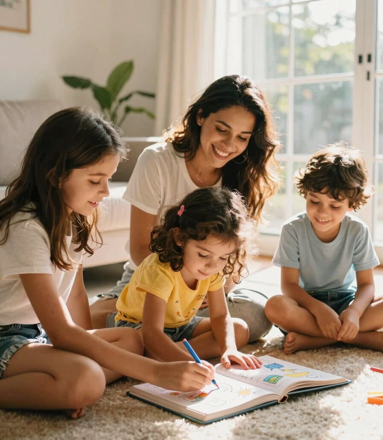 A happy Brazilian family sitting together on a bright living room floor, a mother and her 6-year-old daughter coloring a Bible activity sheet, warm golden hour sunlight streaming through the window, 35mm photography