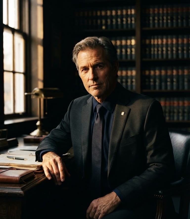 Dramatic low-key editorial portrait of a serious male lawyer in a dark suit, warm golden-hour side lighting, deep charcoal background, 50mm lens