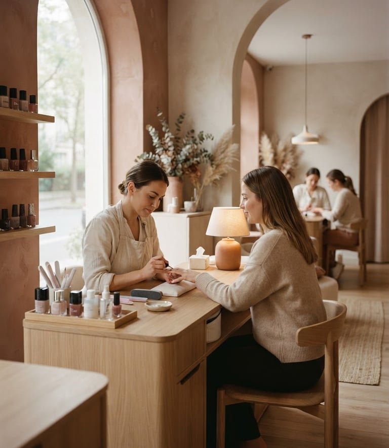 Warm editorial photography of a beautifully lit nail salon interior, soft beige and old rose tones, natural window light, elegant minimalist decor, 35mm