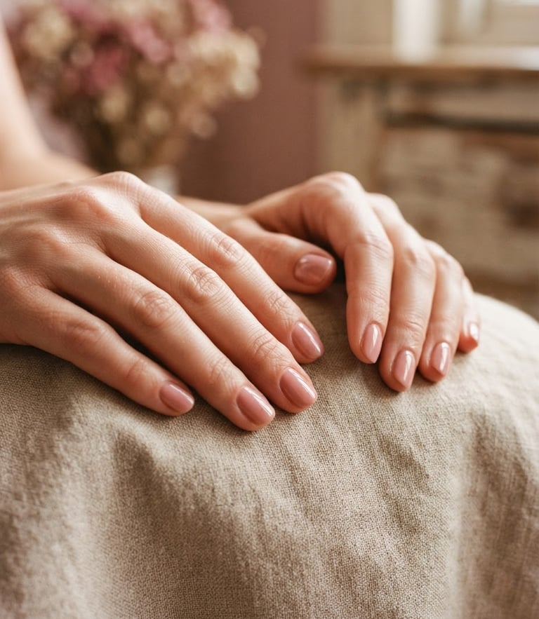 warm editorial photography, soft natural window light, muted rose and beige tones, shallow depth of field, 35mm. Close-up of clean hands with elegant soft pink nails resting on a warm beige linen cloth
