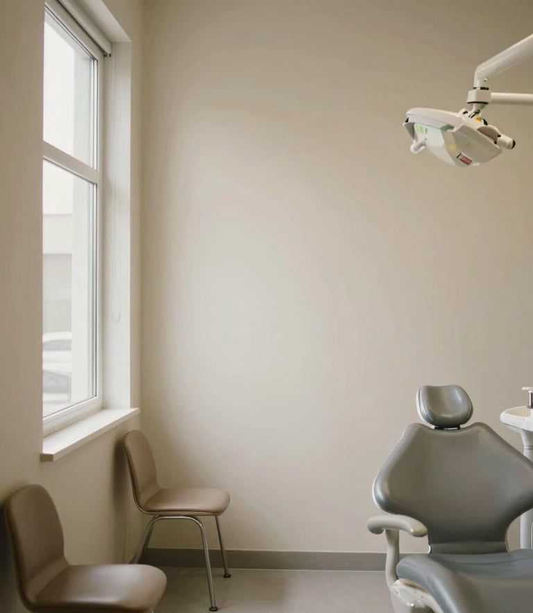 Straight-on eye-level view of a quiet, uncluttered modern dental office waiting room, soft diffused natural daylight from a side window, warm cream walls, no people.