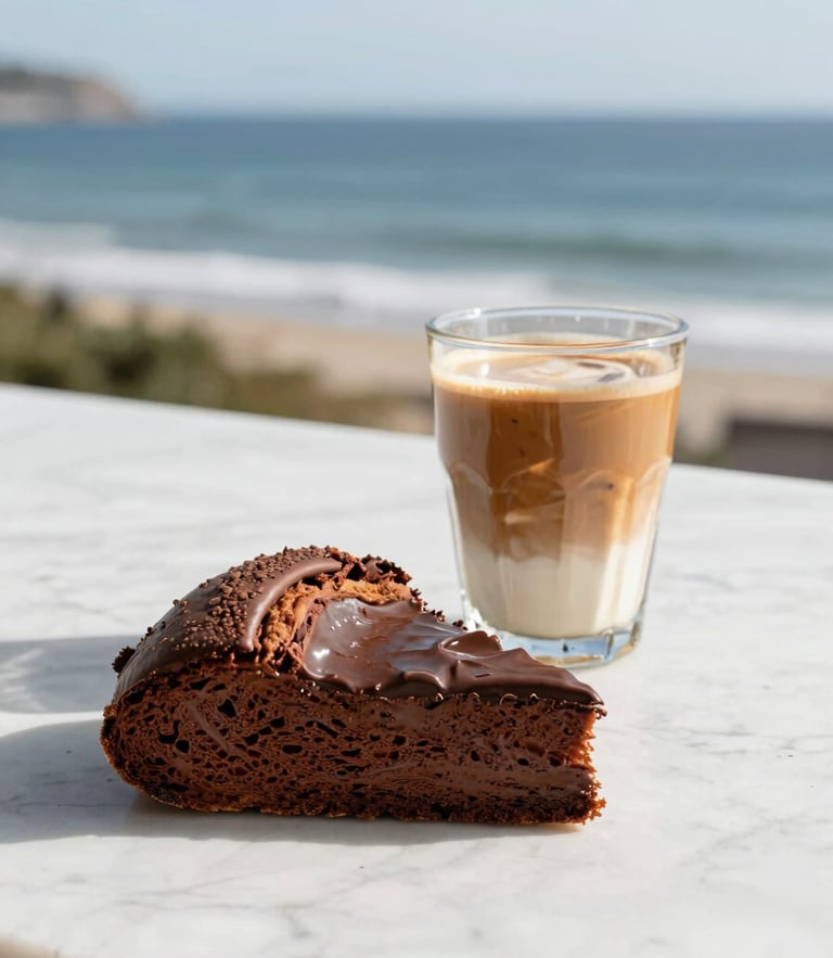 Bright editorial food photography, a freshly poured flat white coffee next to a warm chocolate babka slice on a marble counter, sunlit coastal morning light, 35mm