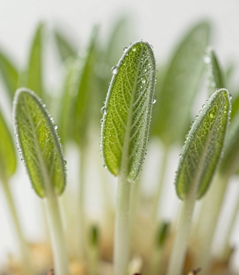 Macro shot of fresh green sprouts covered in morning dew, soft morning light, shallow depth of field