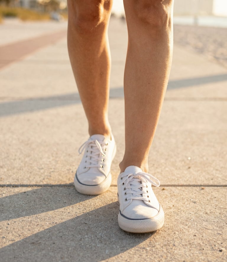 Low-angle shot of stylish canvas shoes walking on a sun-drenched Florida boardwalk, warm golden-hour light casting soft shadows, 35mm photography.