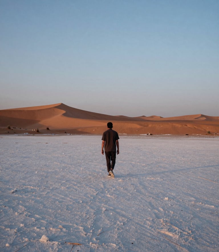 Cinematic 35mm photograph of a solitary traveler walking towards the horizon on the white salt desert of Kutch at twilight, soft blue hour light, minimal composition, warm sand tones.