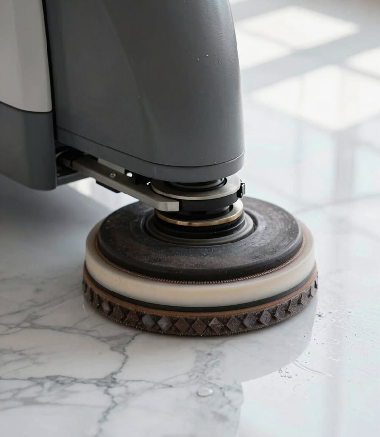 Macro shot of a professional floor polishing machine with diamond pads working on a premium white marble floor, water mist visible, sharp reflection lines appearing behind the machine, bright natural light.