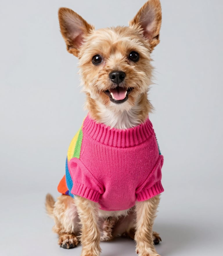 A happy small dog wearing a colorful custom-tailored fuchsia sweater, sitting proudly on a light grey background, bright studio lighting, eye-level shot
