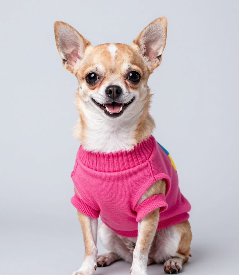 A happy small chihuahua wearing a colorful custom-tailored fuchsia sweater, sitting proudly on a clean light grey studio background, bright high-key lighting