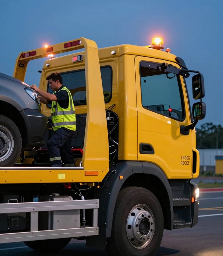 Modern flatbed tow truck with amber emergency beacons flashing at dusk, high-contrast rescue yellow cab, professional driver in safety vest securing a vehicle, 35mm lens